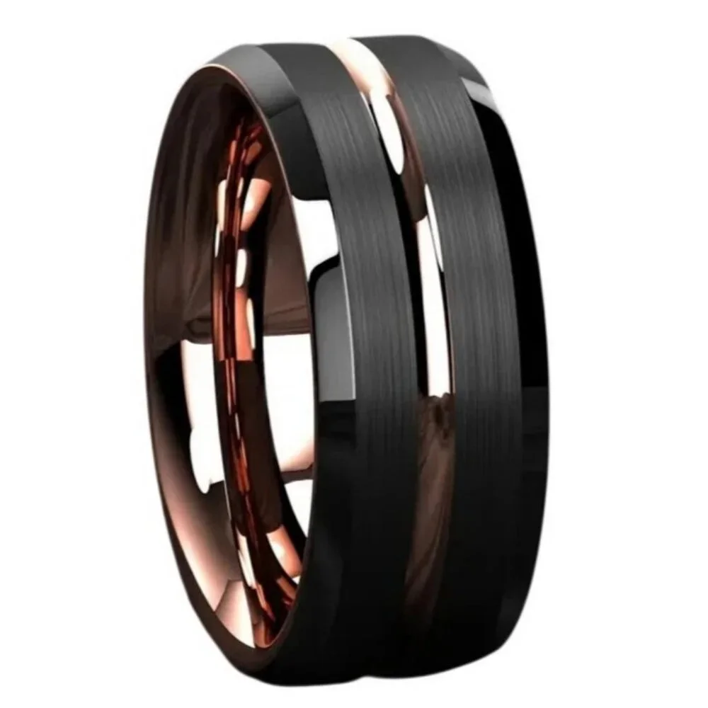 Tungsten Steel Matte Black Polished Double Bevel Rose Gold channel wedding ring